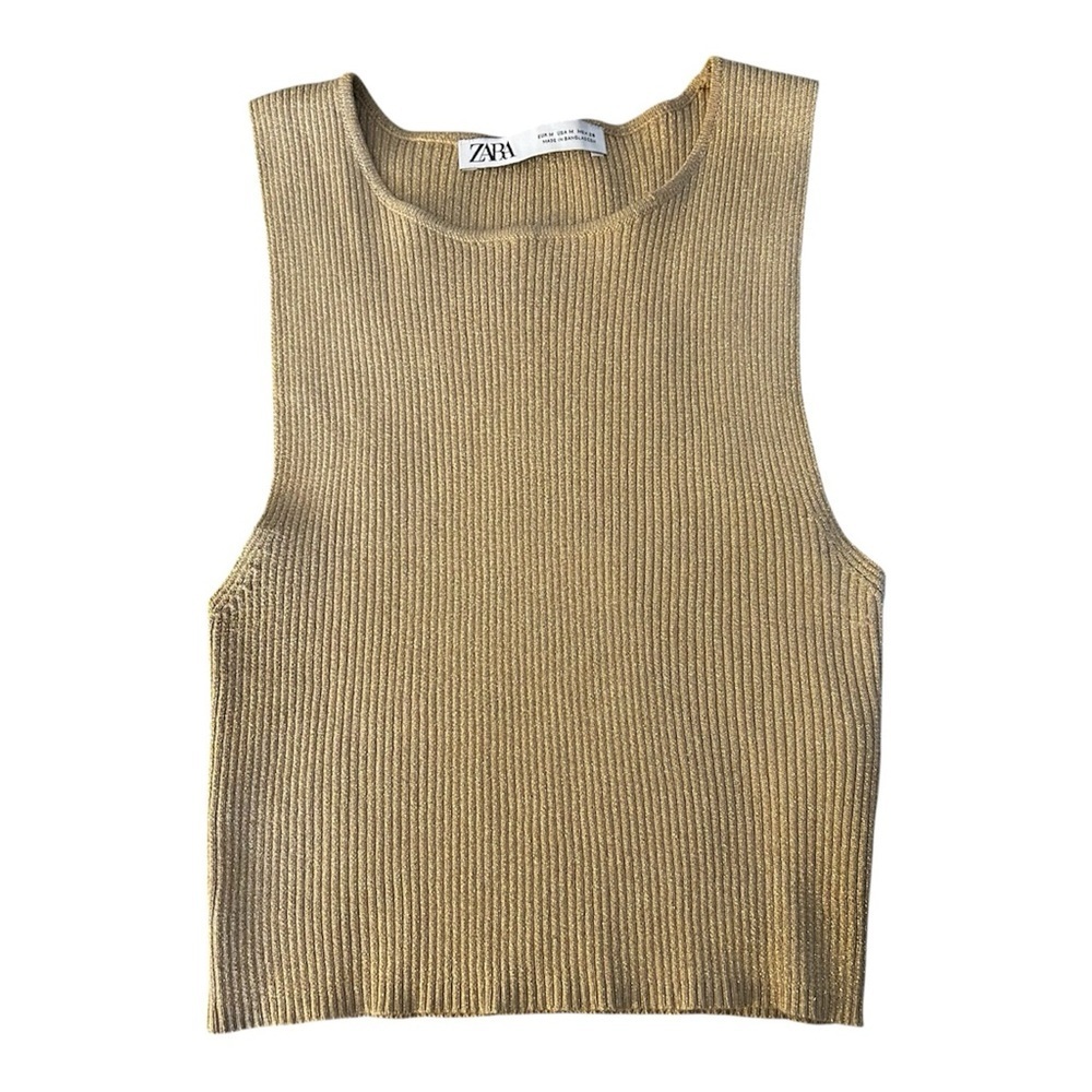 ZARA Metallic Ribbed Sleeveless Crop Top – Tan Gold Shimmer, Size M